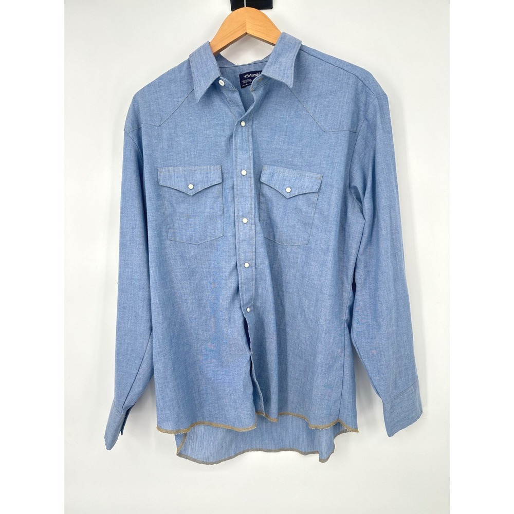 Vtg Wrangler Western Shirt Men XL Blue Chambray Pearl Snap Cowboy Workwear USA‎